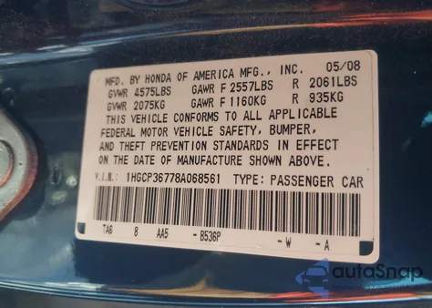 2008 Honda Accord 3.5 Ex z USA, uszkodzony, nr VIN 1HGCP36778A068561